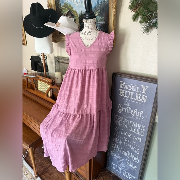 Elegant Mauve Ruffle Sleeve Smock Midi Handmade Dress - Picture 1 of 8